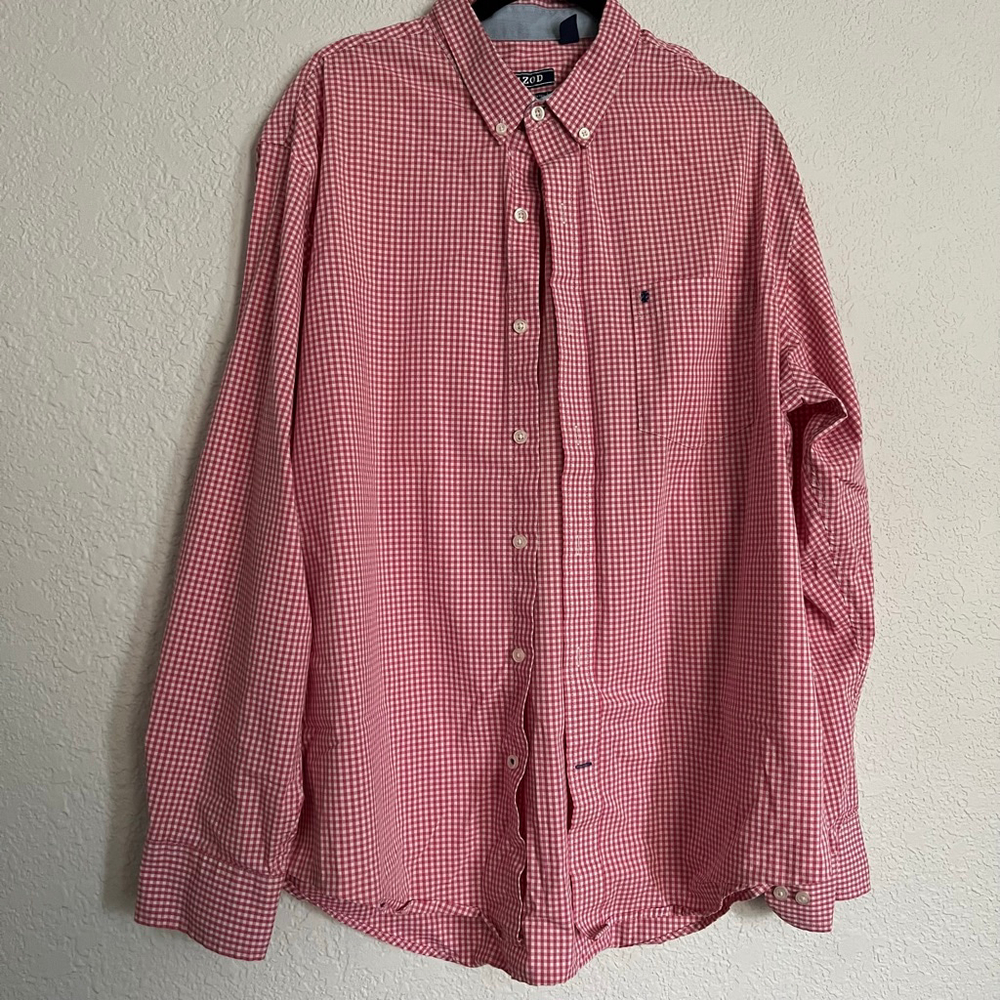 Men's IZOD Pink White Gingham Casual Button Down Shirt L